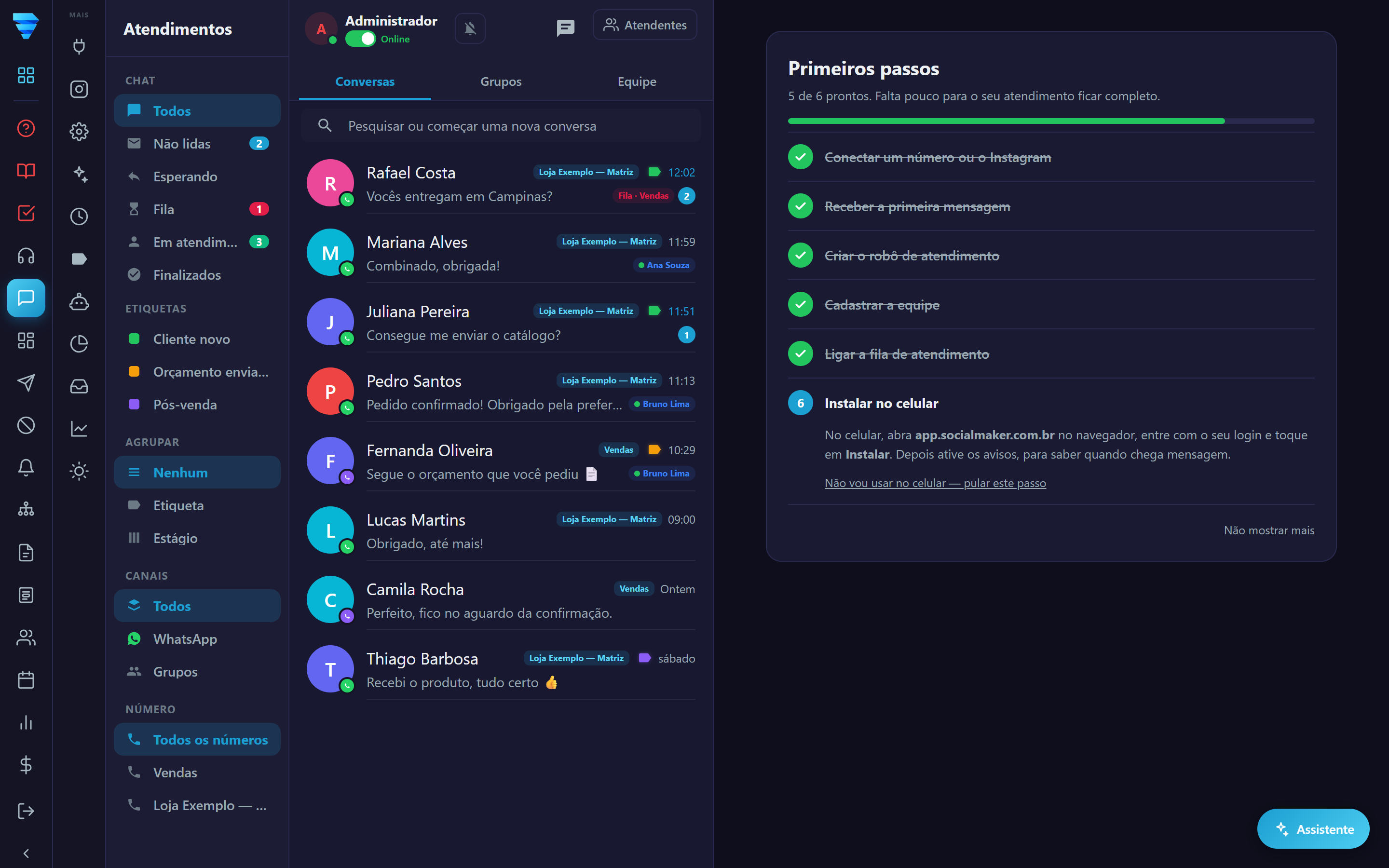 A lista Primeiros passos, no lado direito da tela Conversas. No menu, os três ícones vermelhos são o Tutorial, o Manual e o botão que traz a lista de volta.